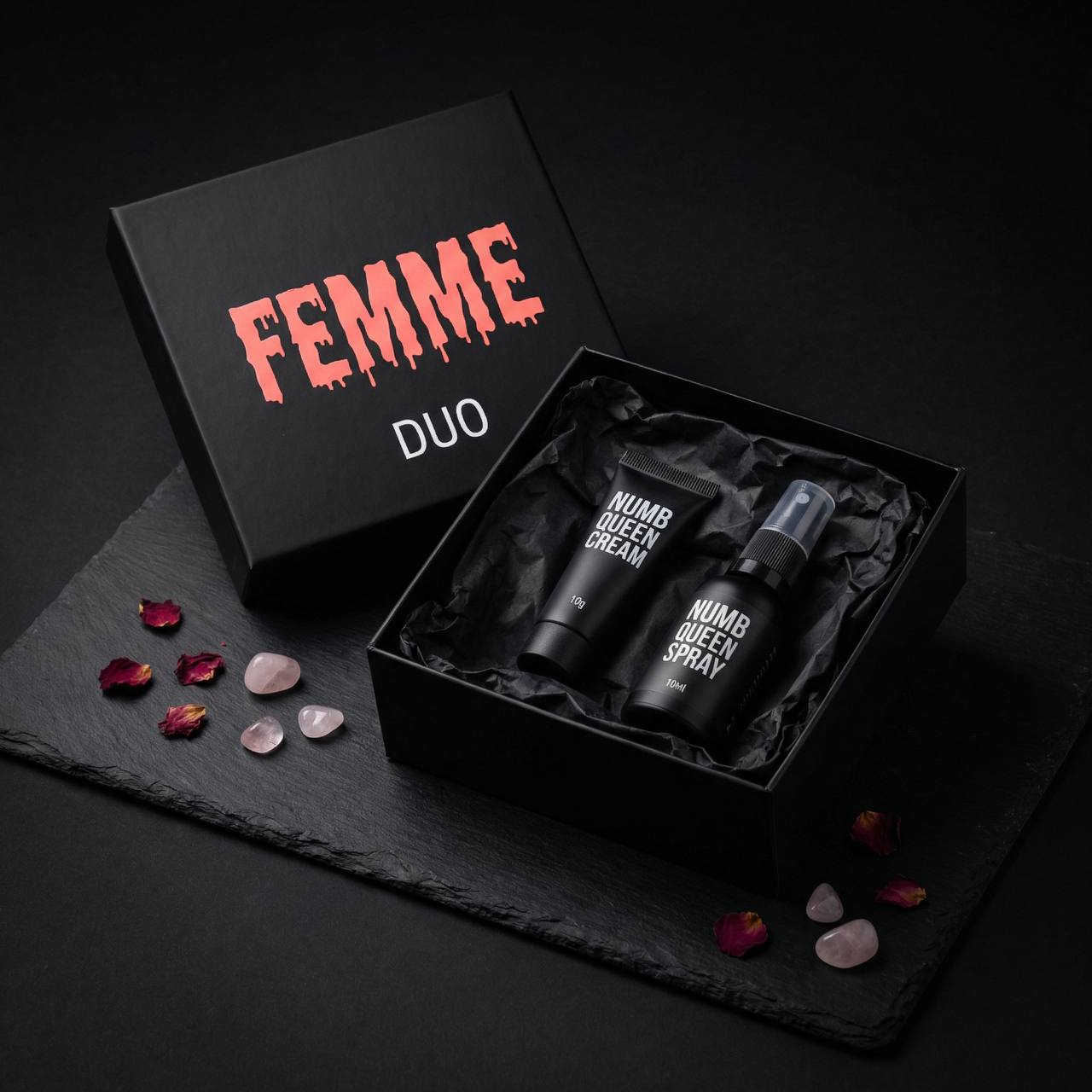 Femme Numb Queen Spray 30ml — matte black bottle with rose gold on dark background